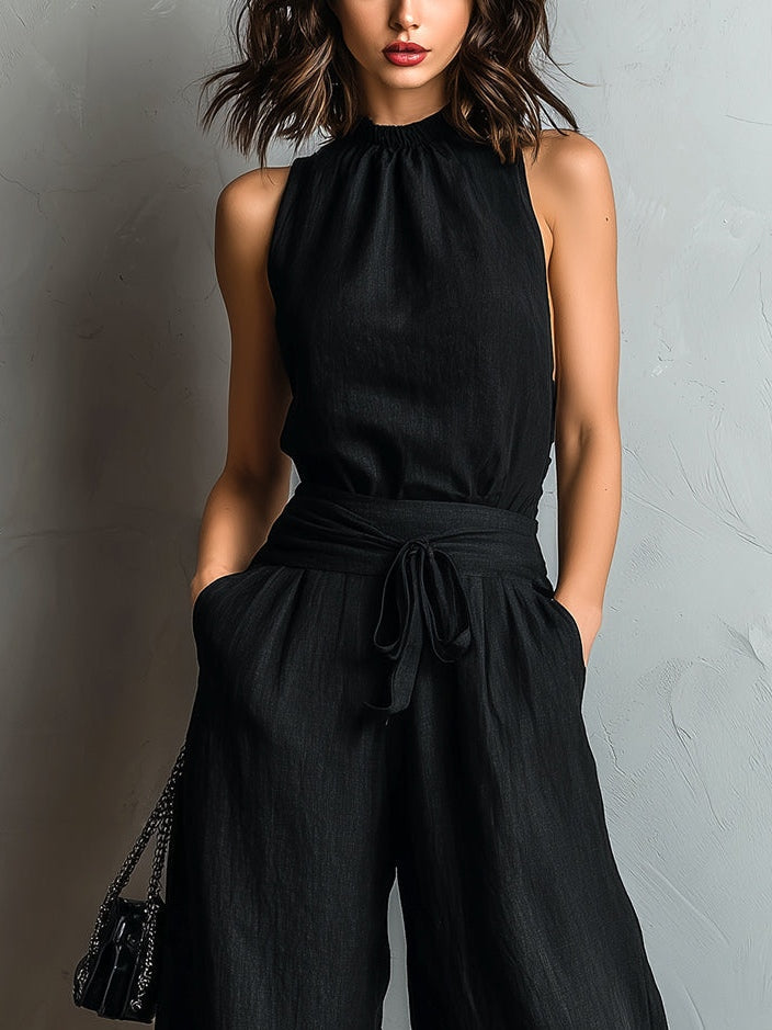 Black Cotton-linen Halter Vest Wide-leg Pants Set