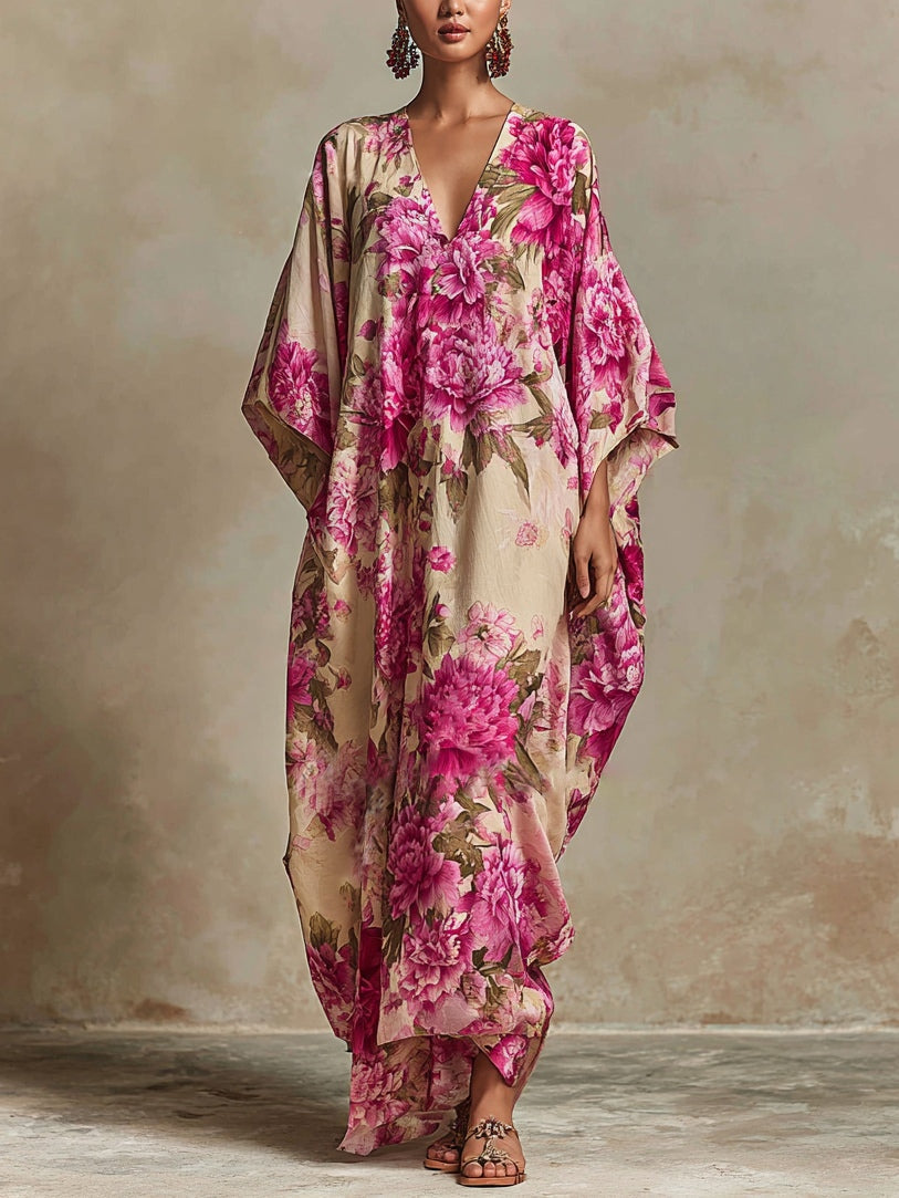 Floral Art Resort V-neck Batwing Maxi Dress