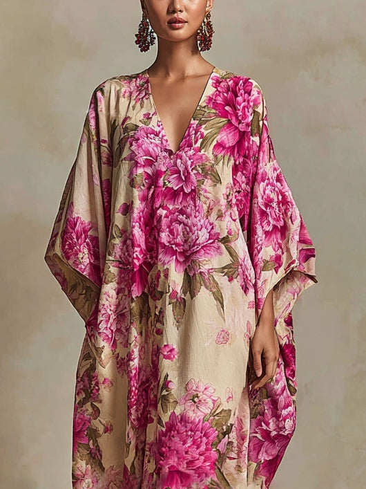 Floral Art Resort V-neck Batwing Maxi Dress