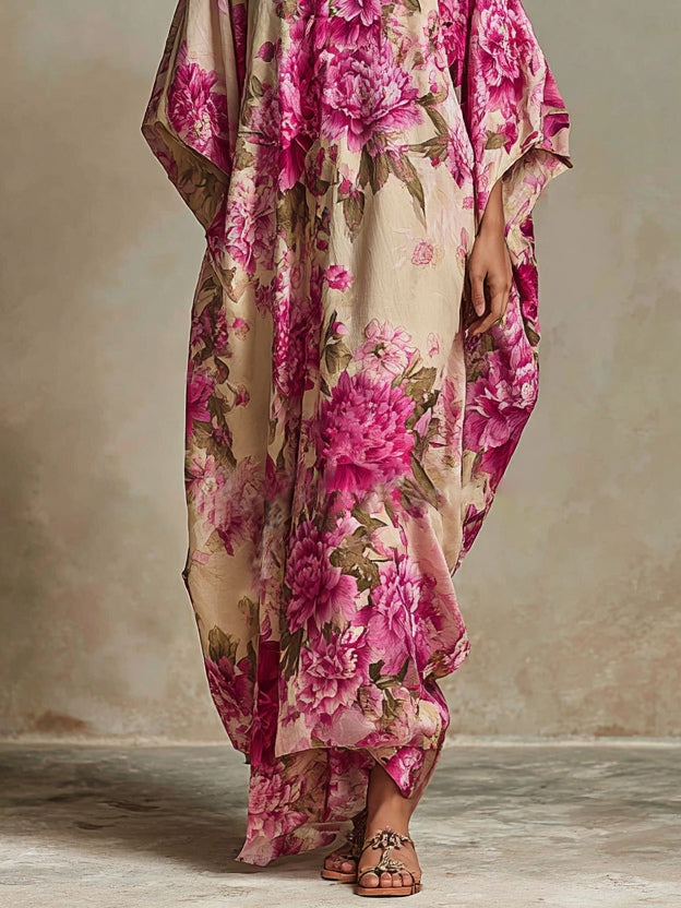 Floral Art Resort V-neck Batwing Maxi Dress