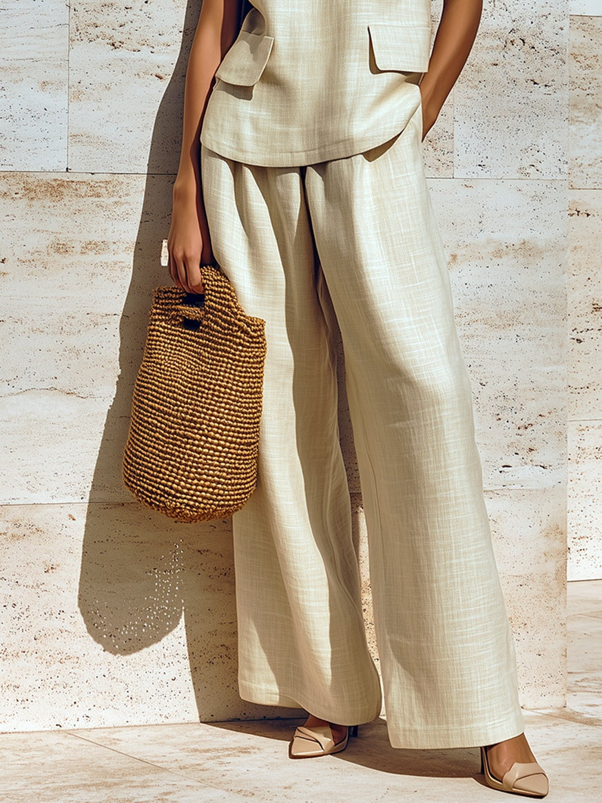 Beige V-neck Sleeveless Vest Pants Two-piece Set