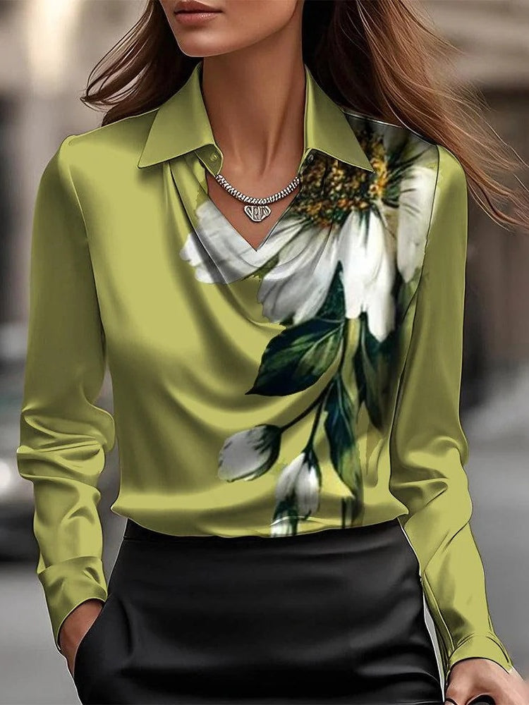 Solid Satin Floral Print Simple Collar Shirt Top