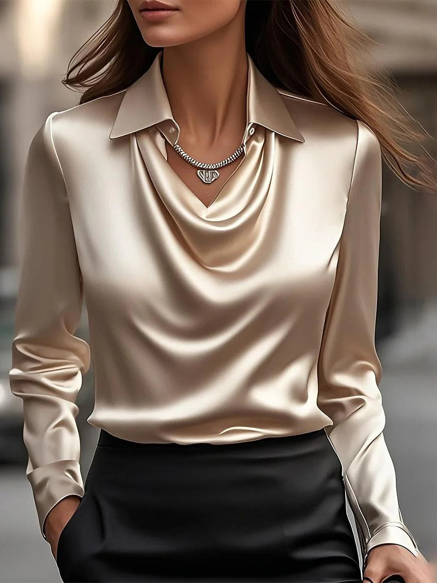 Solid Satin Floral Print Simple Collar Shirt Top