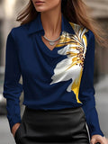 Solid Satin Floral Print Simple Collar Shirt Top