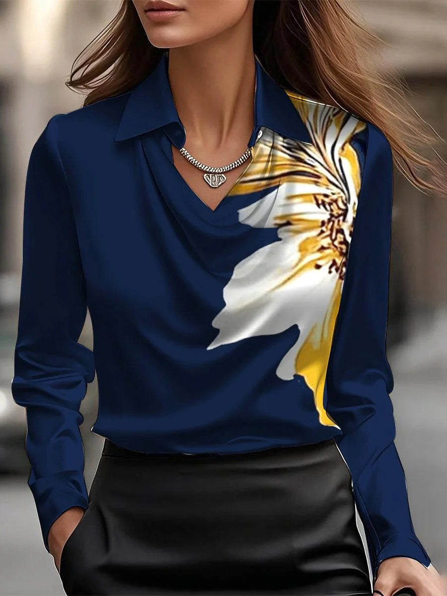 Solid Satin Floral Print Simple Collar Shirt Top