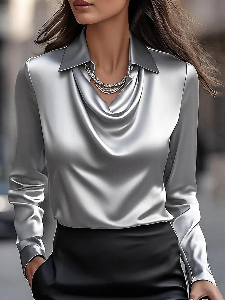 Solid Satin Floral Print Simple Collar Shirt Top