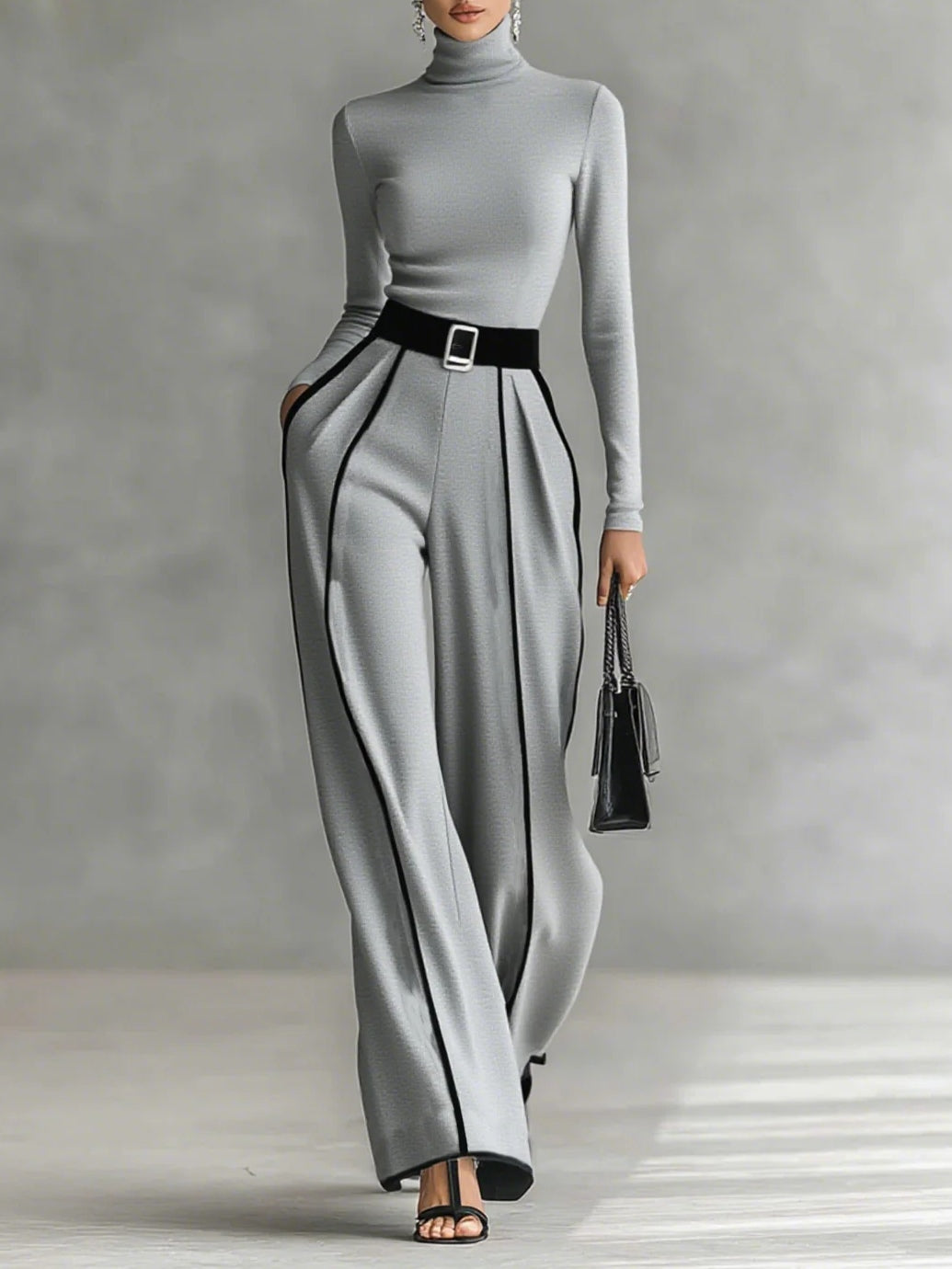 White Trim High-neck Long-sleeved Top
