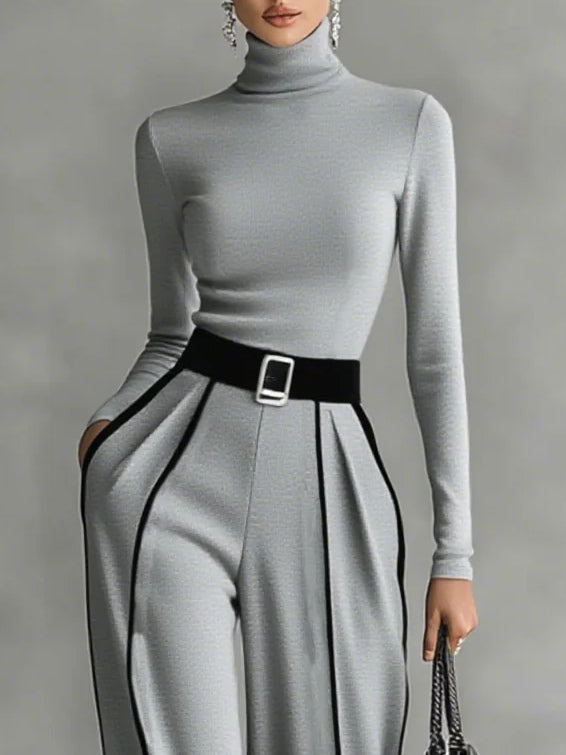 White Trim High-neck Long-sleeved Top