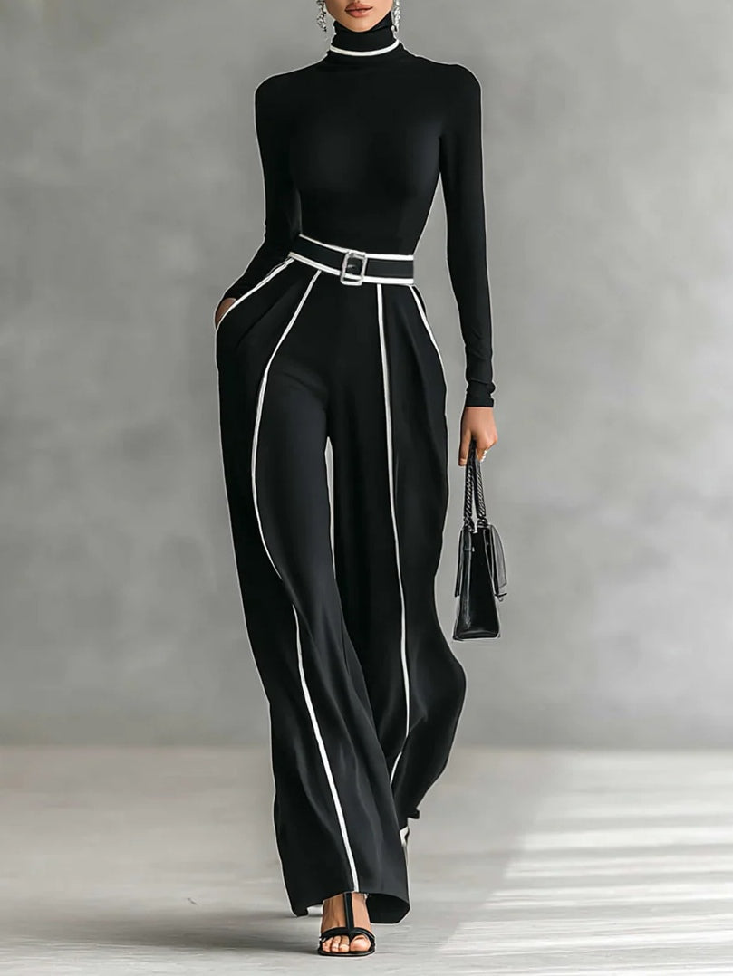White Trim High-neck Long-sleeved Top