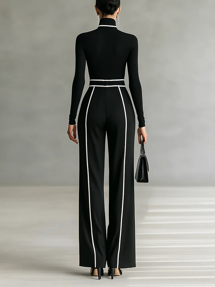 White Trim High-neck Long-sleeved Top