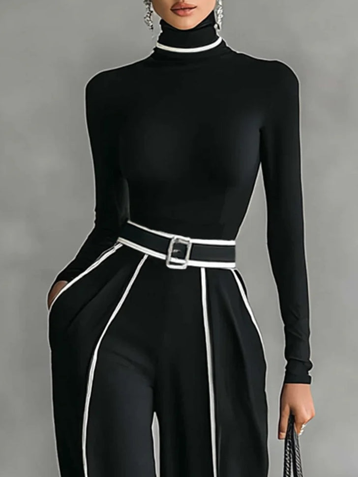 White Trim High-neck Long-sleeved Top