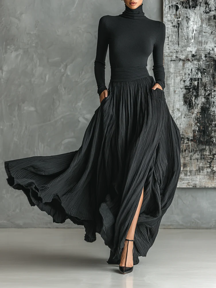 All Black Skinny Turtleneck Pleated Skirt Set