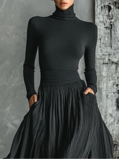 All Black Skinny Turtleneck Pleated Skirt Set