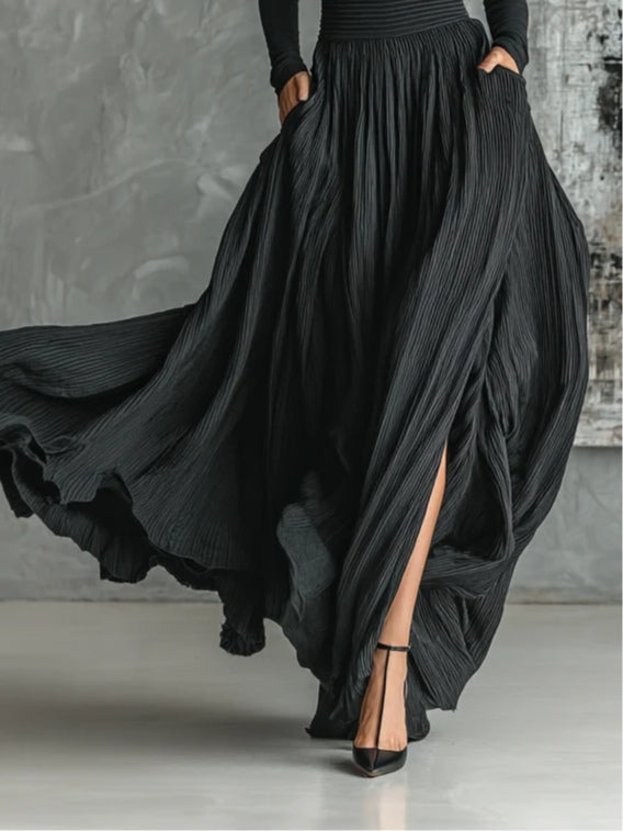 All Black Skinny Turtleneck Pleated Skirt Set