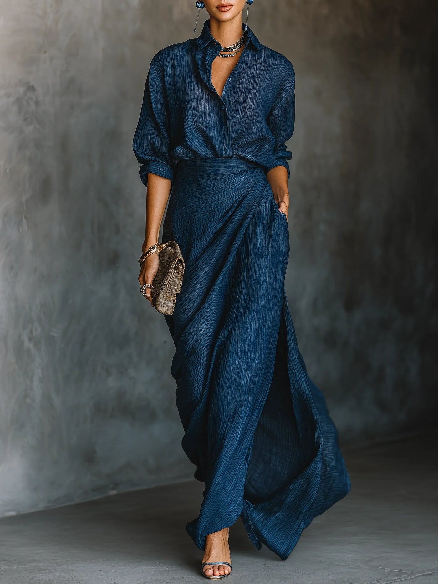 Dark Blue Cotton Linen Shirt Long Skirt Set