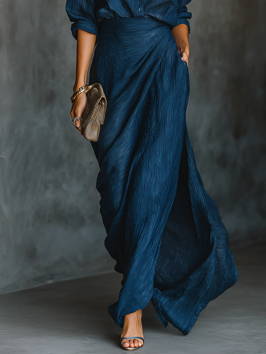 Dark Blue Cotton Linen Shirt Long Skirt Set