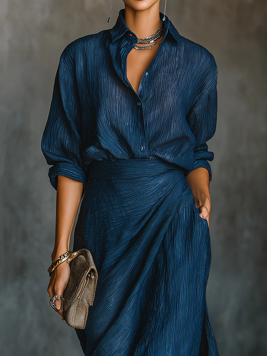 Dark Blue Cotton Linen Shirt Long Skirt Set