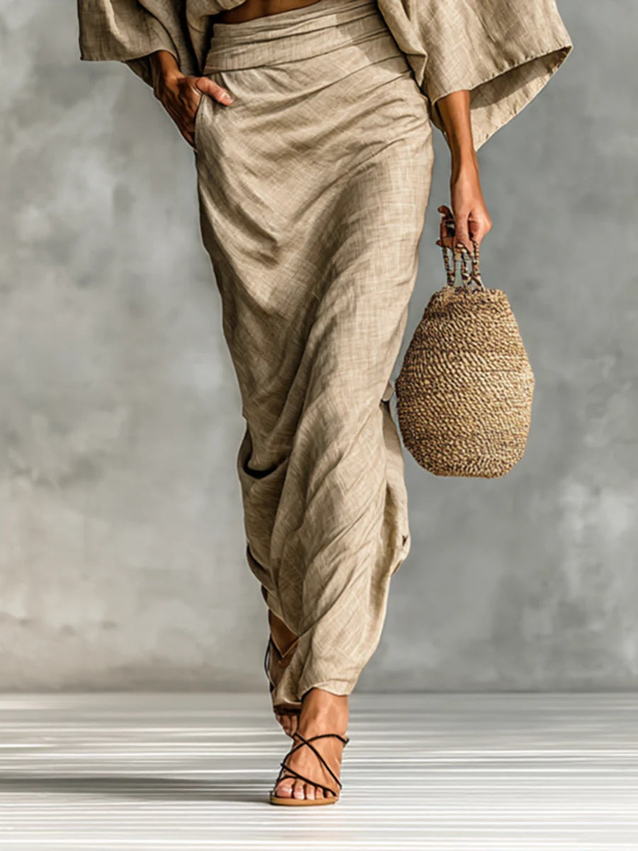 Cotton Linen Bat Sleeve Long Skirt Two-piece Set
