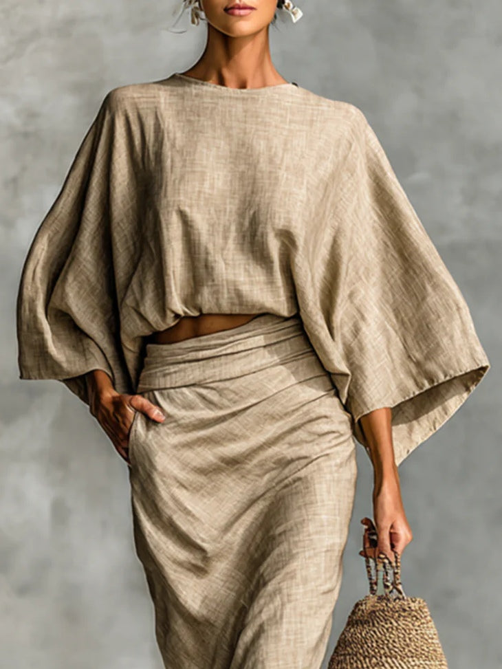 Cotton Linen Bat Sleeve Long Skirt Two-piece Set