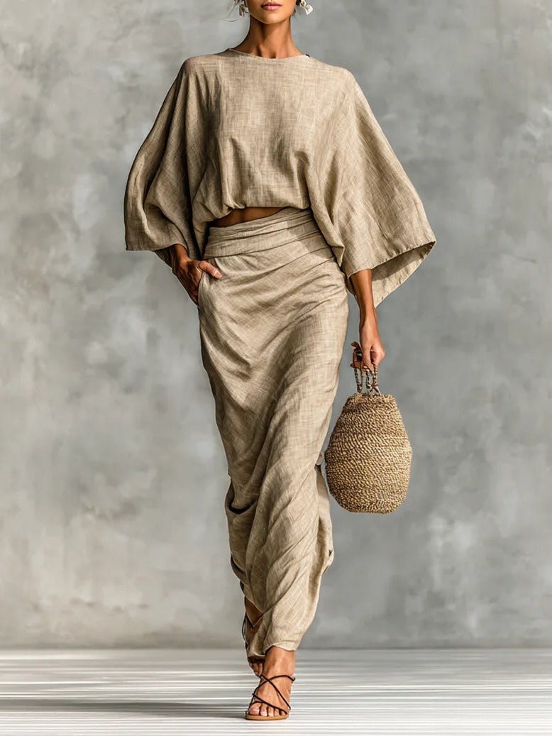 Cotton Linen Bat Sleeve Long Skirt Two-piece Set