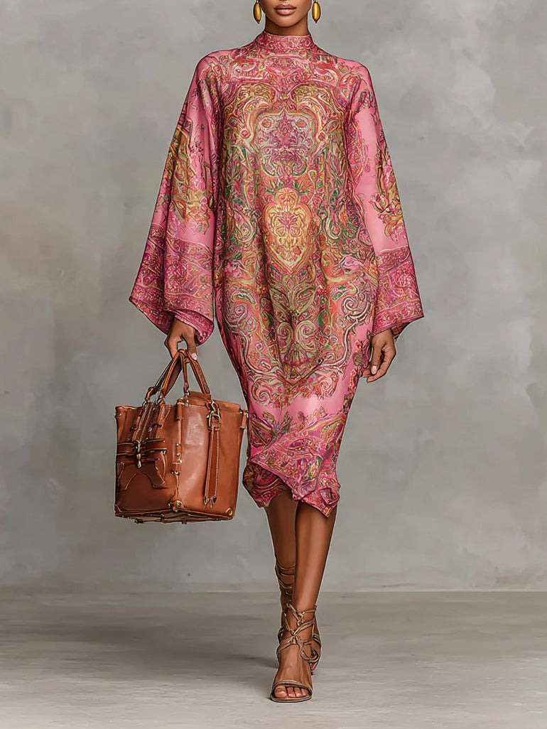 Pink Paisley Print Long Sleeve Loose Midi Dress