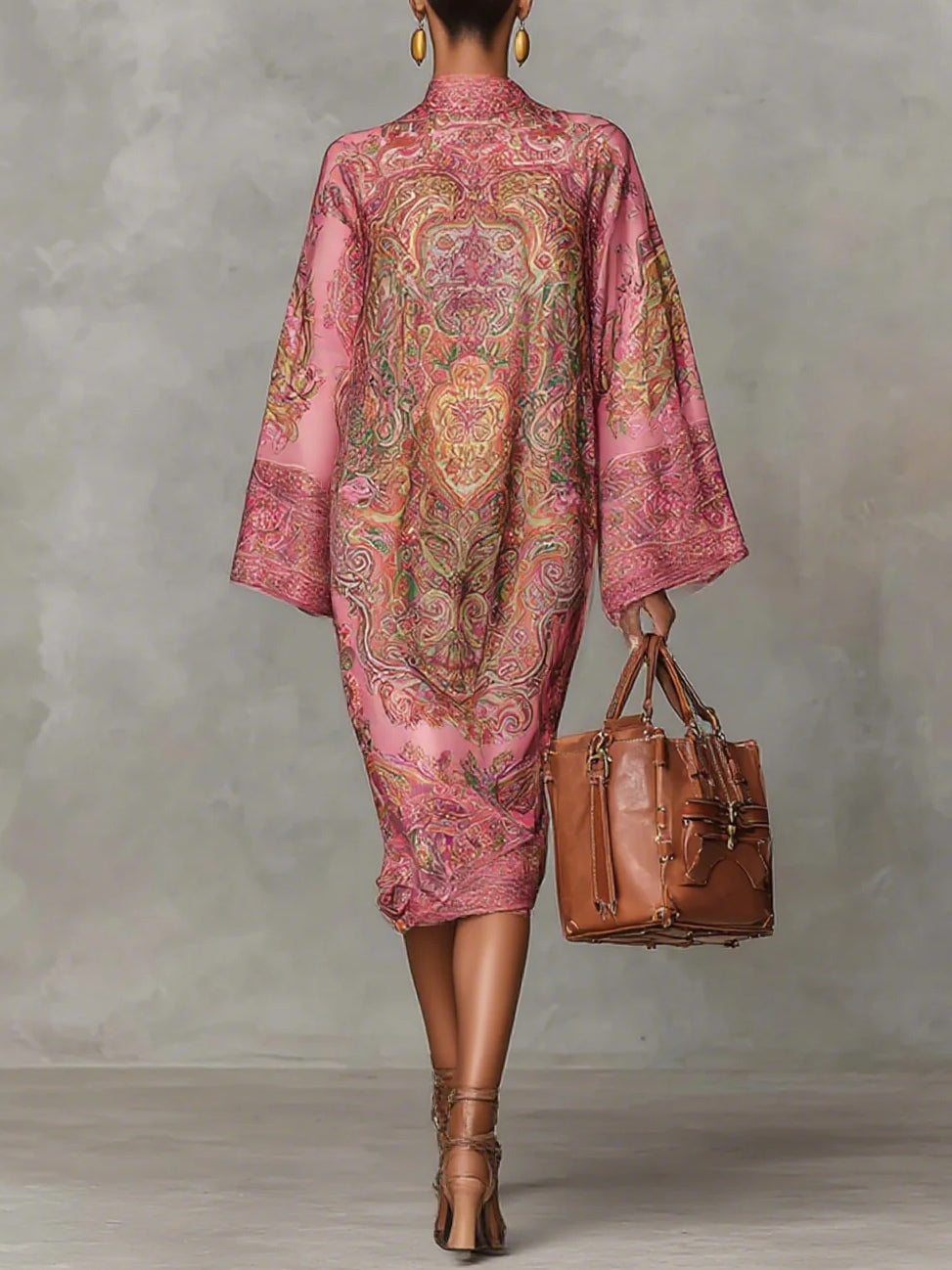 Pink Paisley Print Long Sleeve Loose Midi Dress