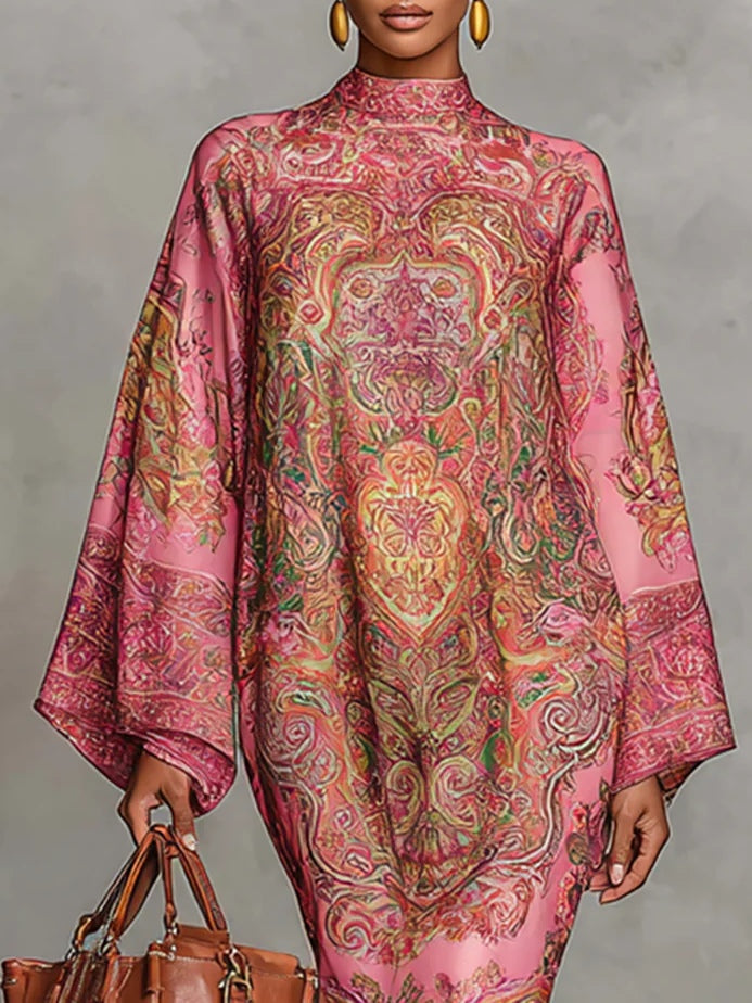 Pink Paisley Print Long Sleeve Loose Midi Dress