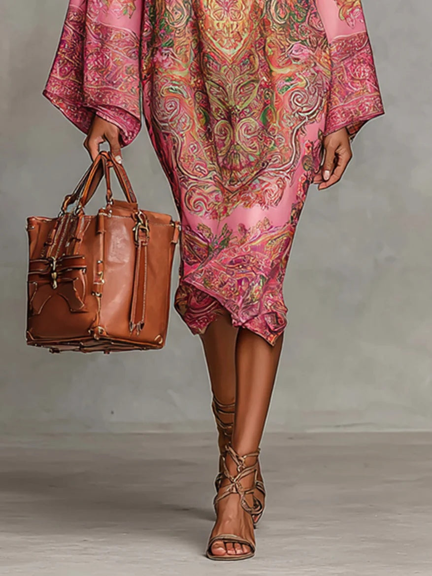 Pink Paisley Print Long Sleeve Loose Midi Dress