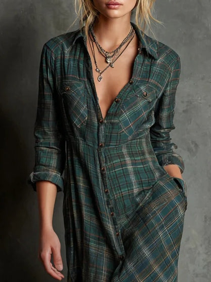 Green Plaid Lapel Single-Breasted Shirt Dress