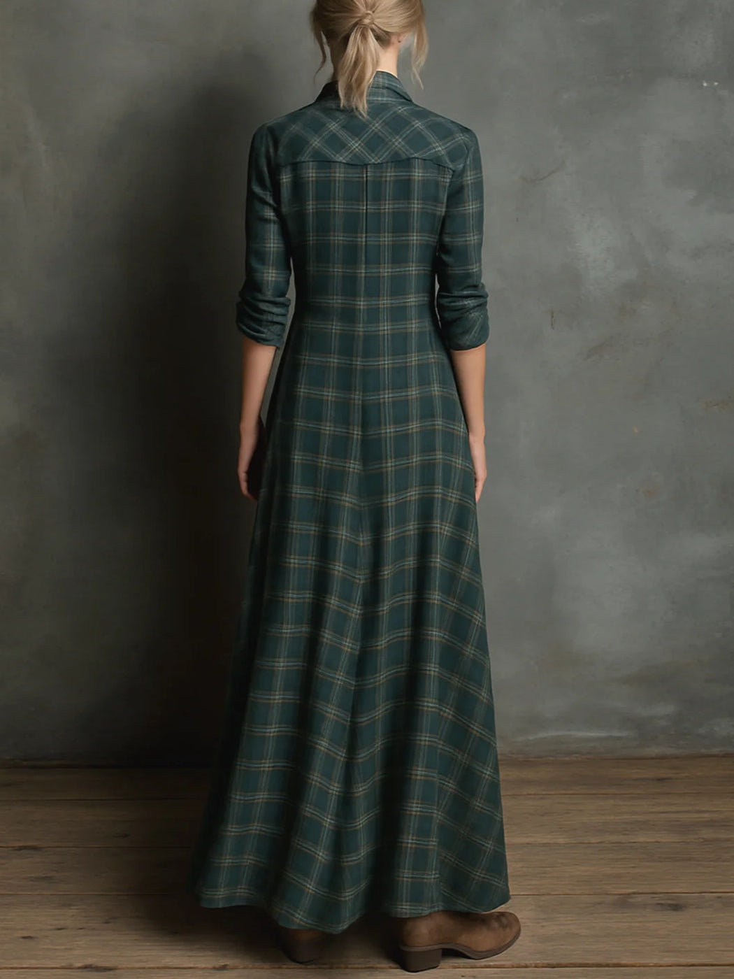 Green Plaid Lapel Single-Breasted Shirt Dress