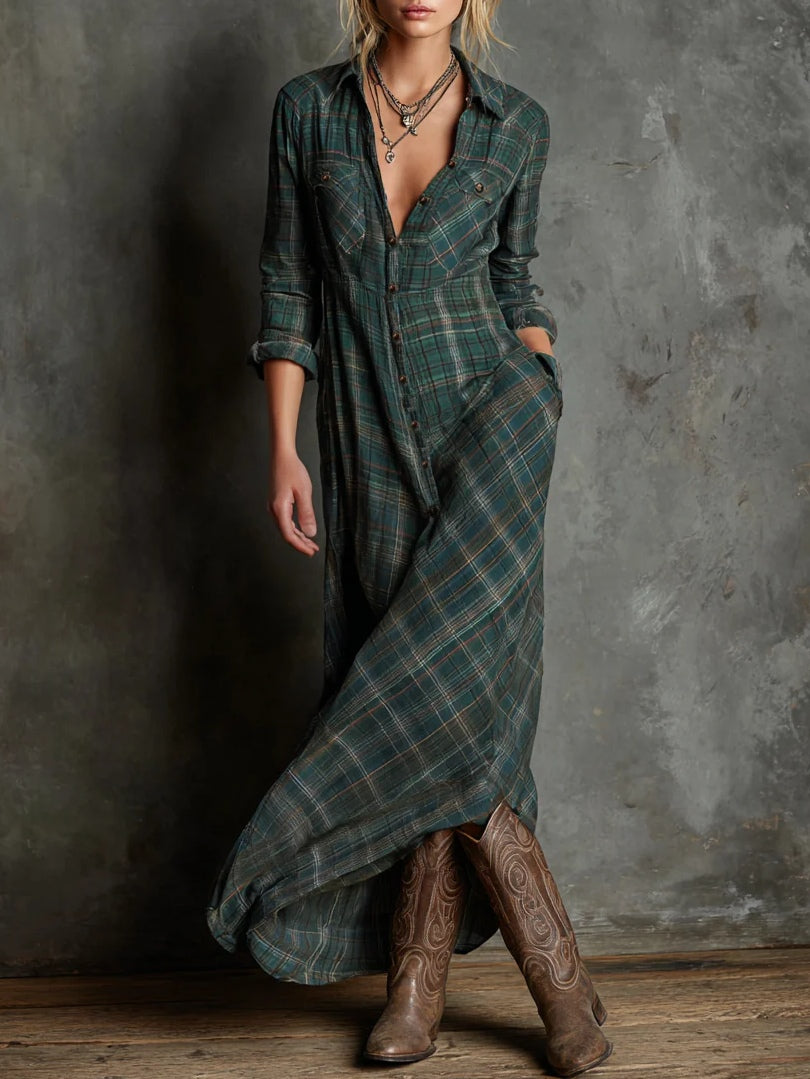 Green Plaid Lapel Single-Breasted Shirt Dress