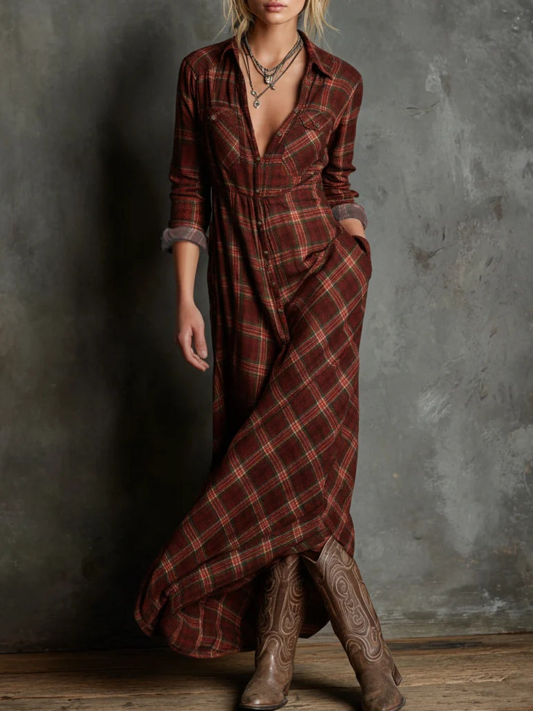 Green Plaid Lapel Single-Breasted Shirt Dress