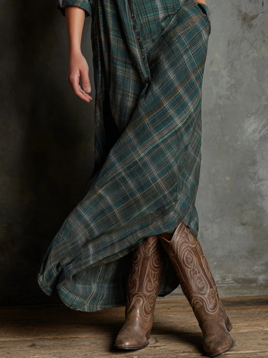 Green Plaid Lapel Single-Breasted Shirt Dress