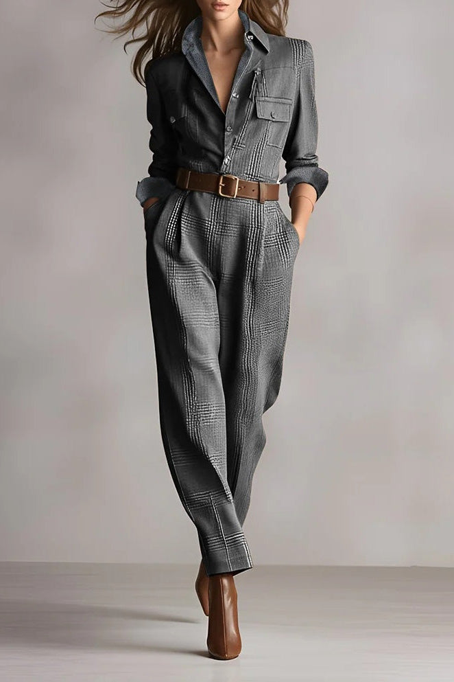 Brown Sophisticated Tweed Texture Plaid Jumpsuit