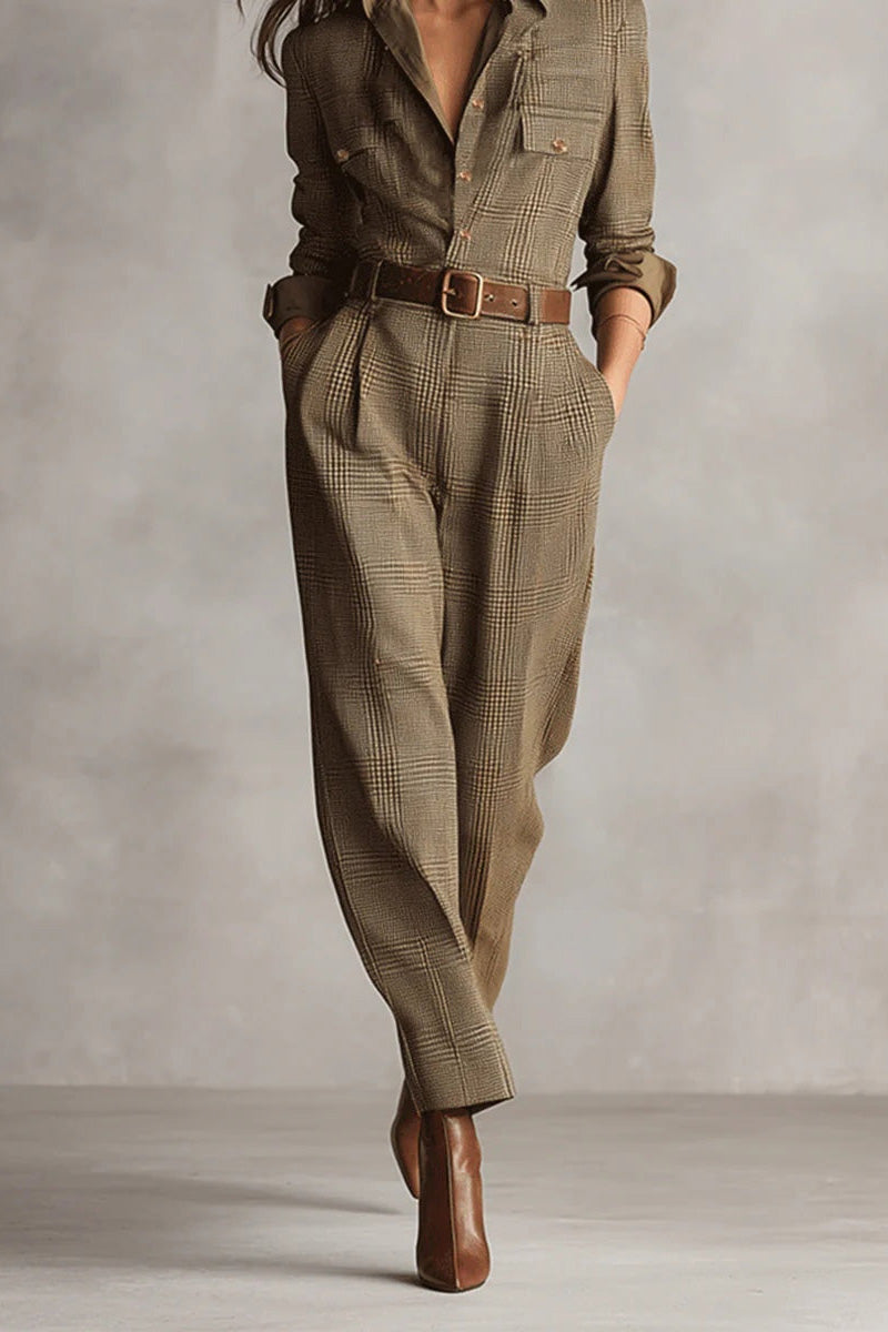 Brown Sophisticated Tweed Texture Plaid Jumpsuit