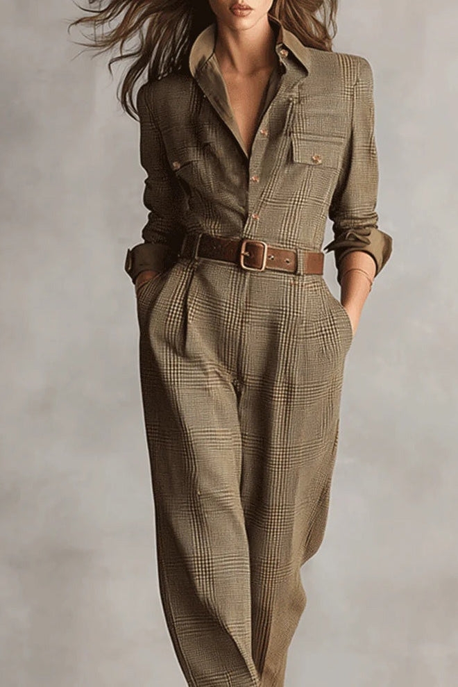 Brown Sophisticated Tweed Texture Plaid Jumpsuit
