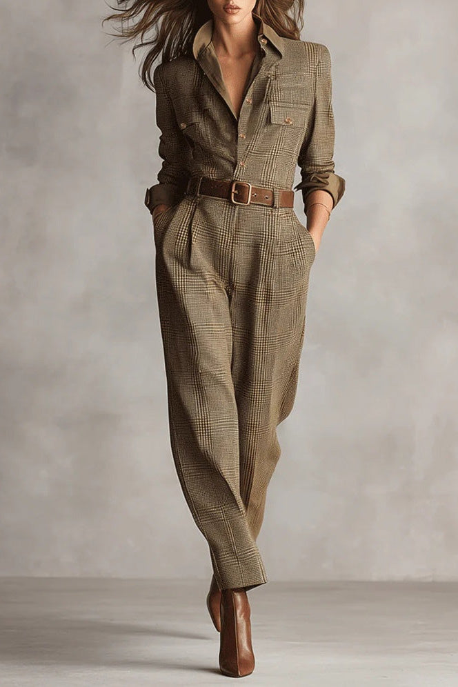 Brown Sophisticated Tweed Texture Plaid Jumpsuit