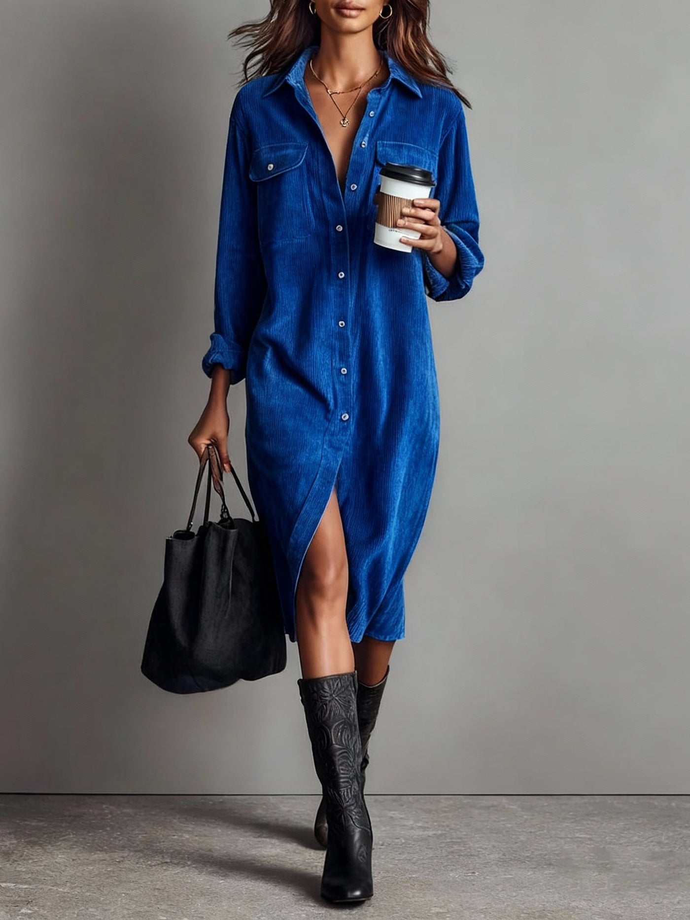 Loose Corduroy Double Chest Pocket Midi Dress