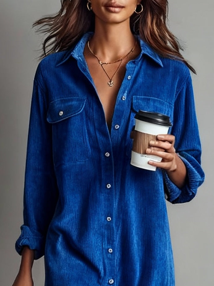 Loose Corduroy Double Chest Pocket Midi Dress
