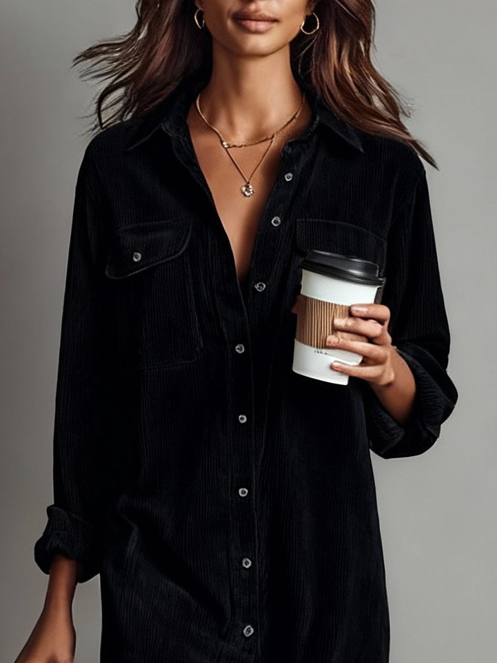 Loose Corduroy Double Chest Pocket Midi Dress