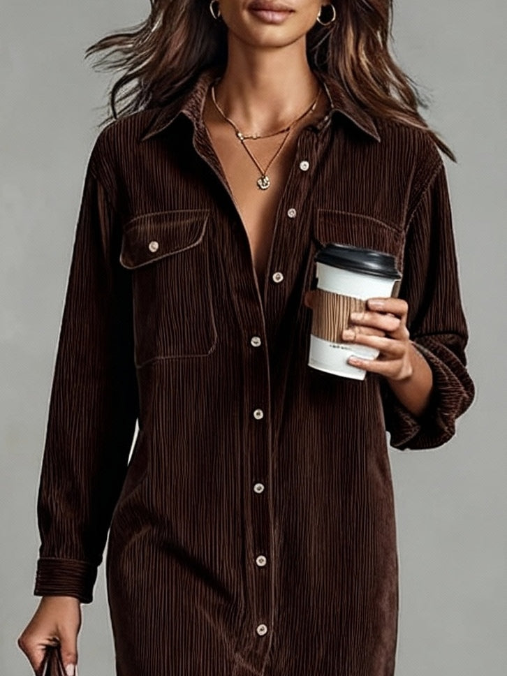 Loose Corduroy Double Chest Pocket Midi Dress