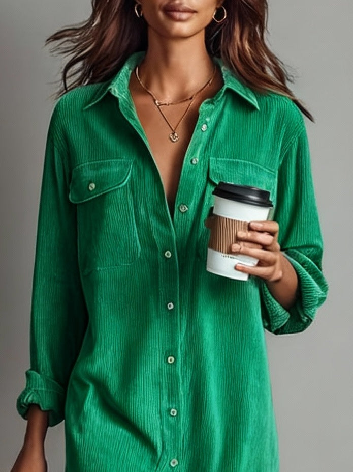 Loose Corduroy Double Chest Pocket Midi Dress