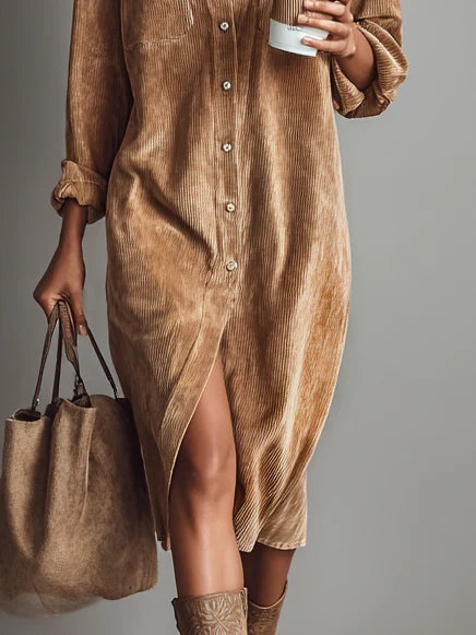 Loose Corduroy Double Chest Pocket Midi Dress