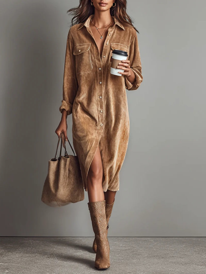 Loose Corduroy Double Chest Pocket Midi Dress