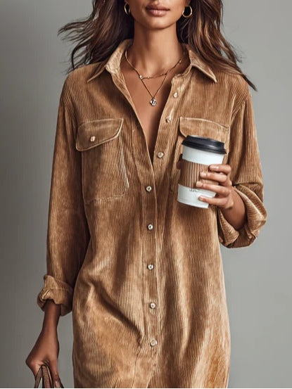 Loose Corduroy Double Chest Pocket Midi Dress