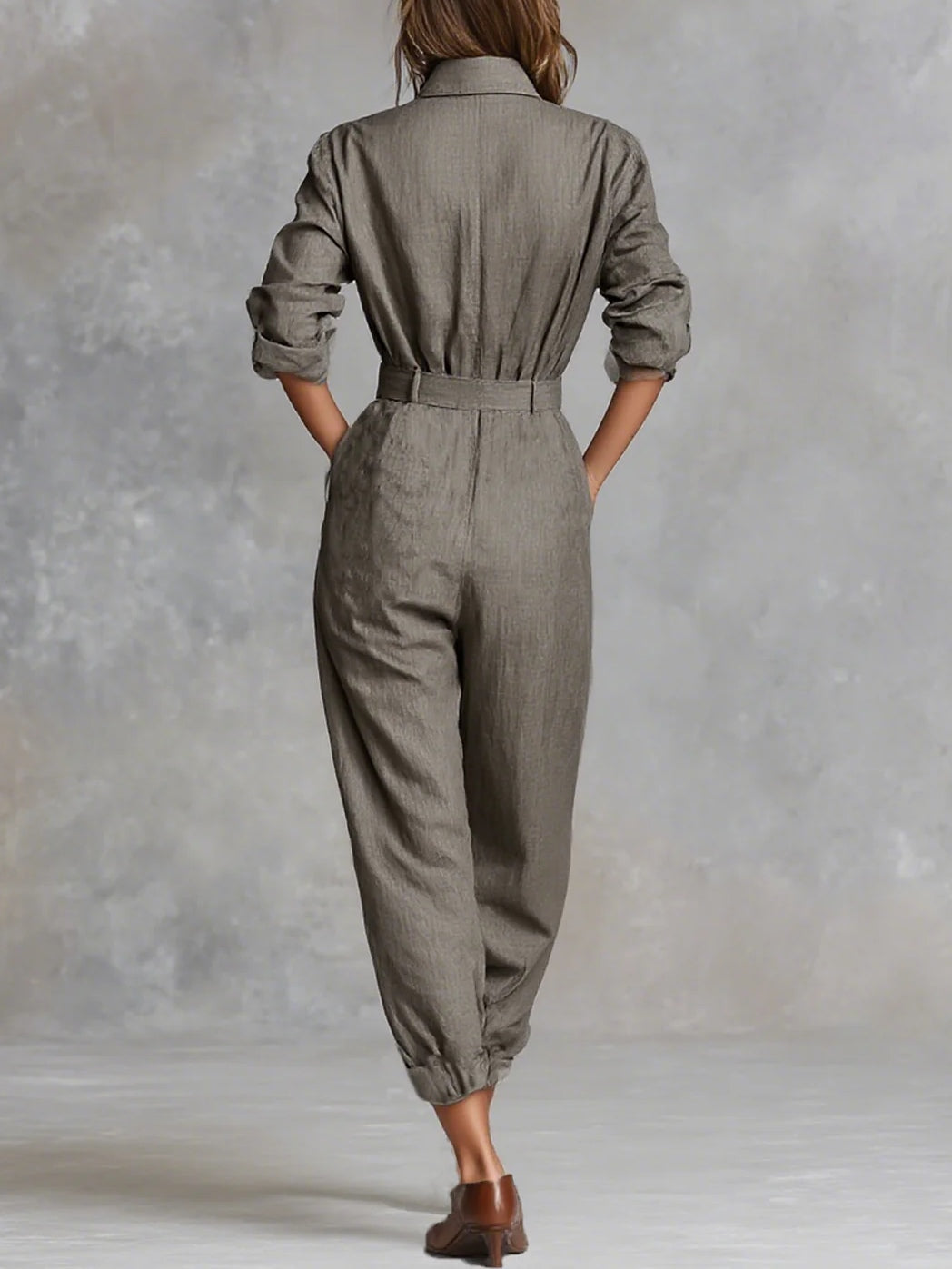 Cotton Linen Blended Long Sleeve Shirt Jumpsuit