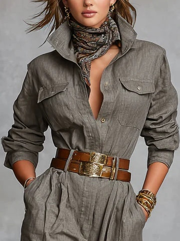 Cotton Linen Blended Long Sleeve Shirt Jumpsuit