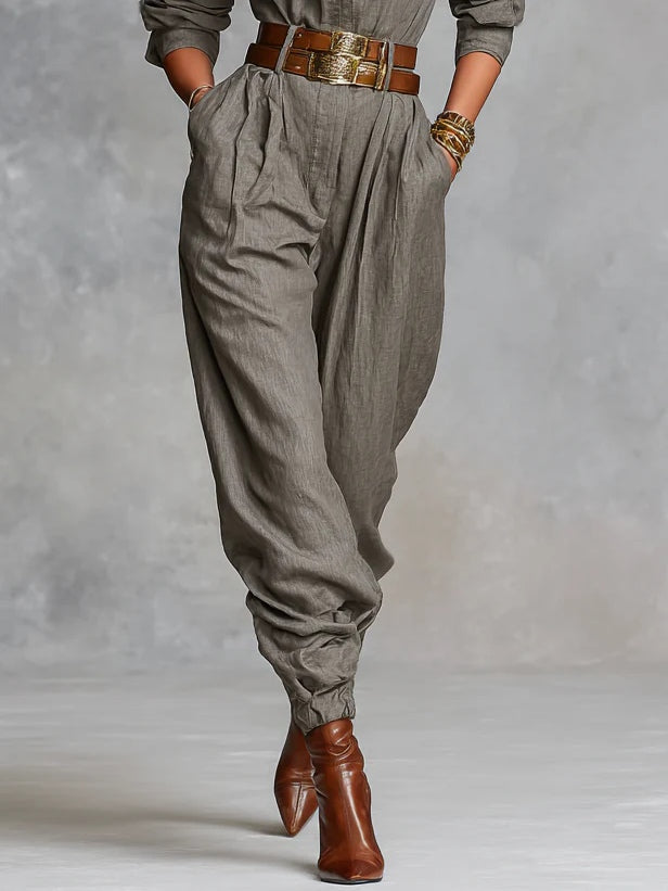 Cotton Linen Blended Long Sleeve Shirt Jumpsuit