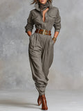 Cotton Linen Blended Long Sleeve Shirt Jumpsuit