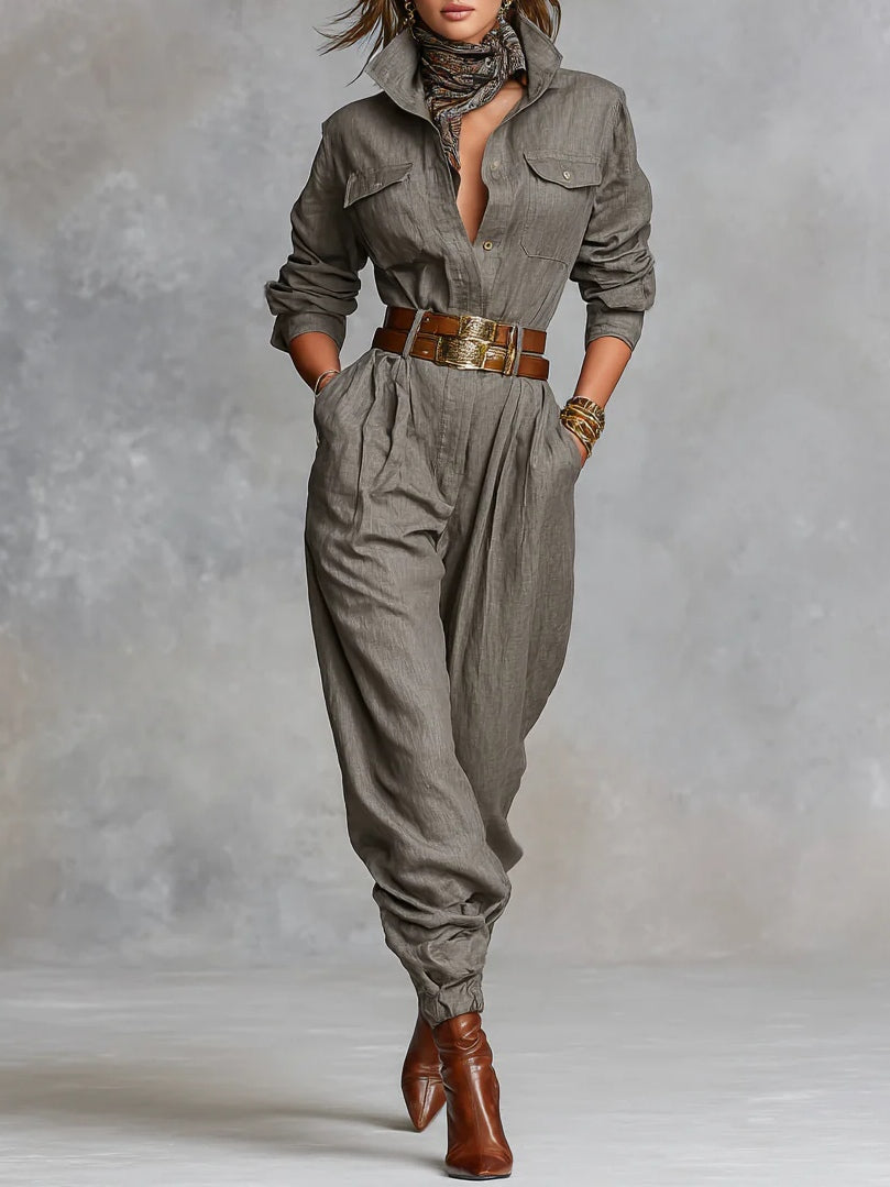 Cotton Linen Blended Long Sleeve Shirt Jumpsuit